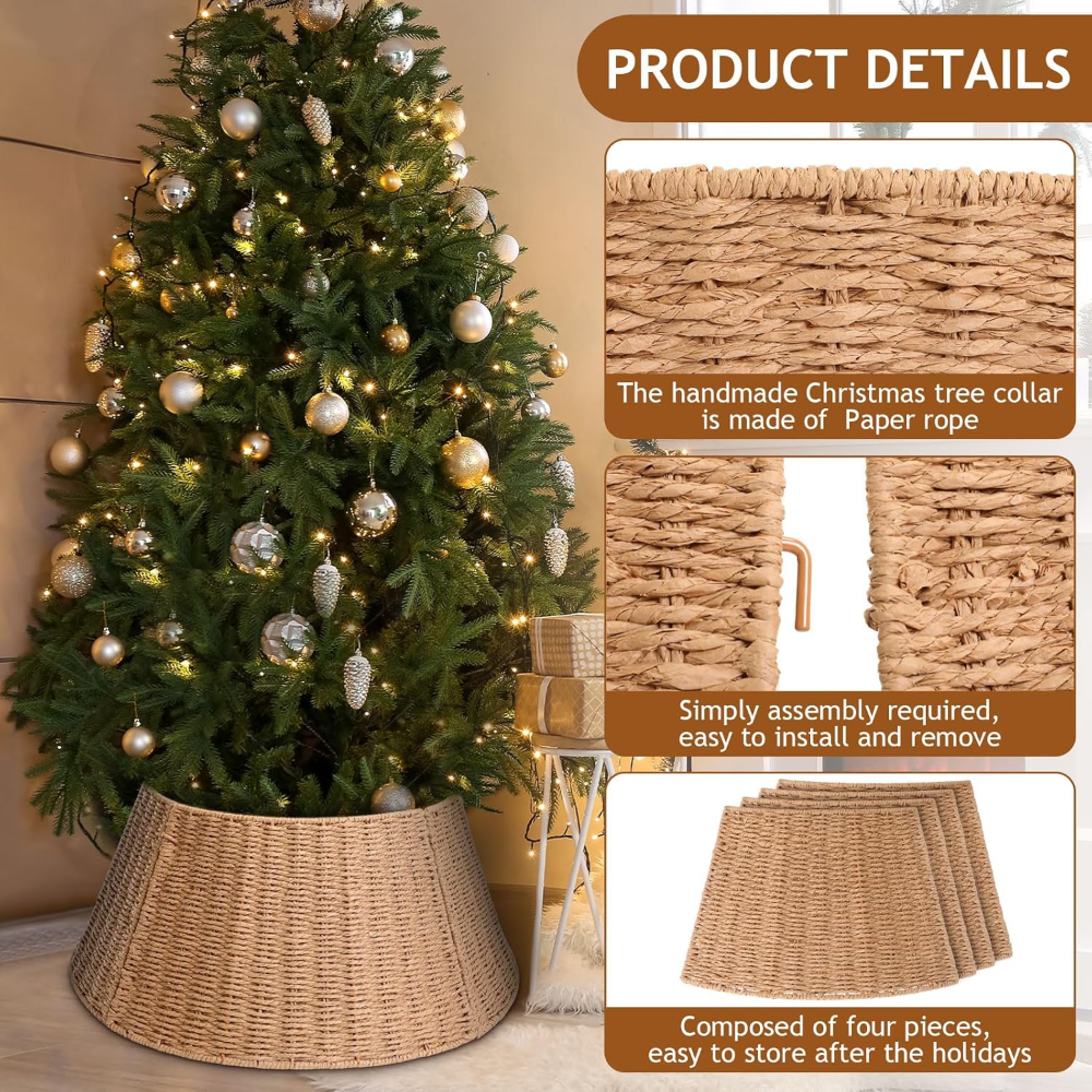 Collar de árbol de Navidad de 61 cm, tejido natural, anillo de árbol de Navidad, cuerda de papel de granja, falda de árbol de Navidad, cubierta base rústico para decoración navideña - Imagen 4