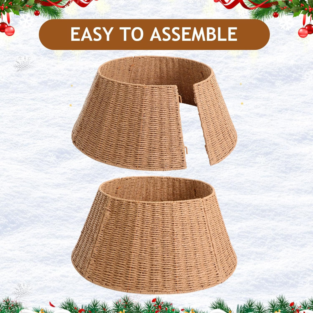 Collar de árbol de Navidad de 61 cm, tejido natural, anillo de árbol de Navidad, cuerda de papel de granja, falda de árbol de Navidad, cubierta base rústico para decoración navideña - Imagen 5