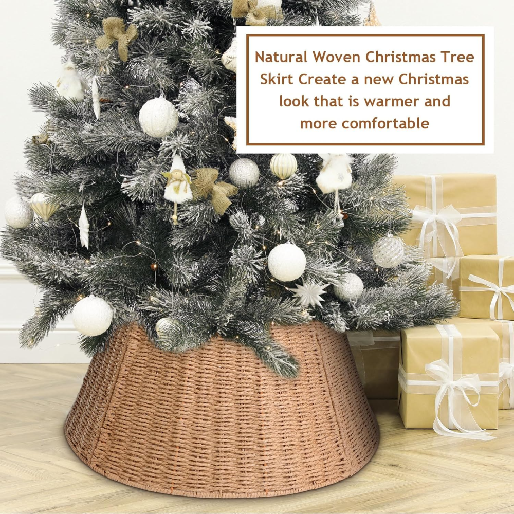 Collar de árbol de Navidad de 61 cm, tejido natural, anillo de árbol de Navidad, cuerda de papel de granja, falda de árbol de Navidad, cubierta base rústico para decoración navideña - Imagen 6