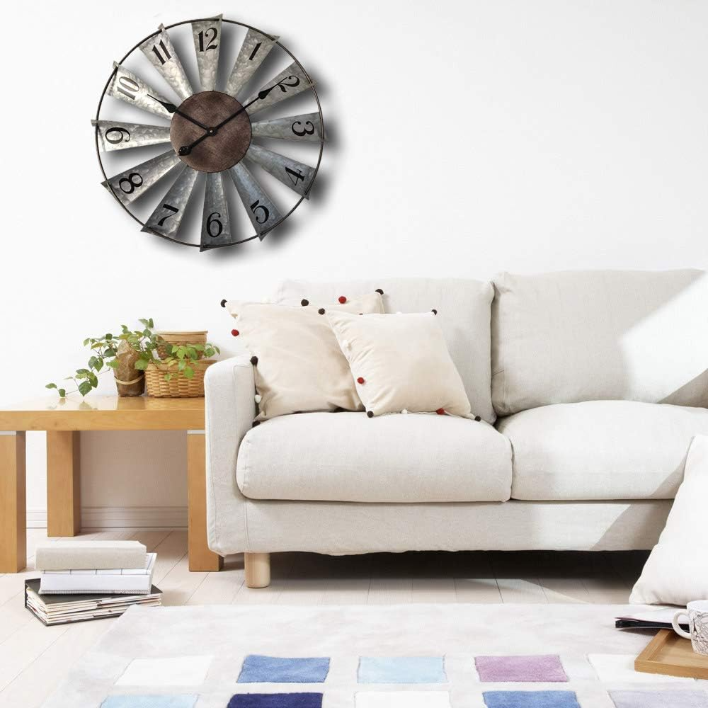 Mrocioa Molino de viento de 24 pulgadas, reloj de pared de metal envejecido, rústico, grande, decorativo, de gran tamaño, decoración de granja, sin tictac, funciona con pilas