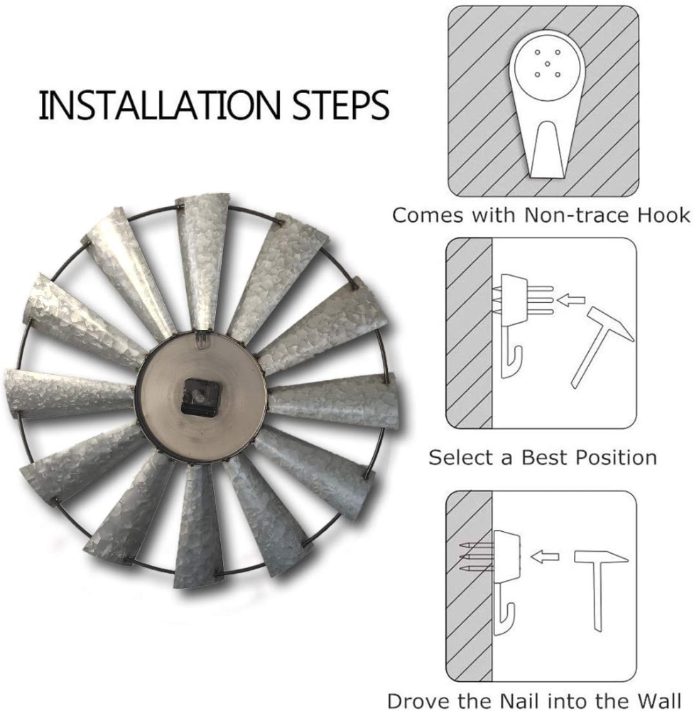 Mrocioa Molino de viento de 24 pulgadas, reloj de pared de metal envejecido, rústico, grande, decorativo, de gran tamaño, decoración de granja, sin tictac, funciona con pilas - Imagen 3