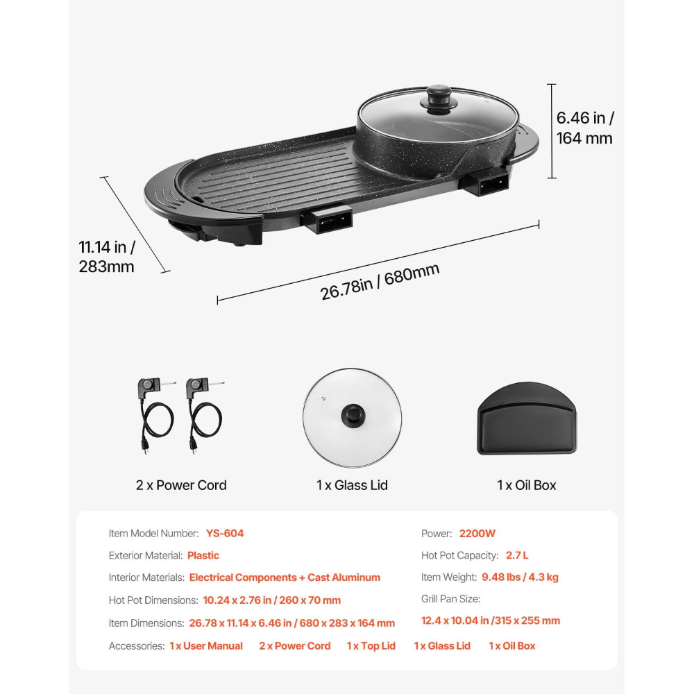 VEVOR 2 en 1 Parrilla para BBQ y Olla Caliente con Divisor, Olla Multifuncional para Parrilla de Teppanyaki, Olla Caliente para BBQ Eléctrica con Control de Temperatura Dual Separada - Imagen 4
