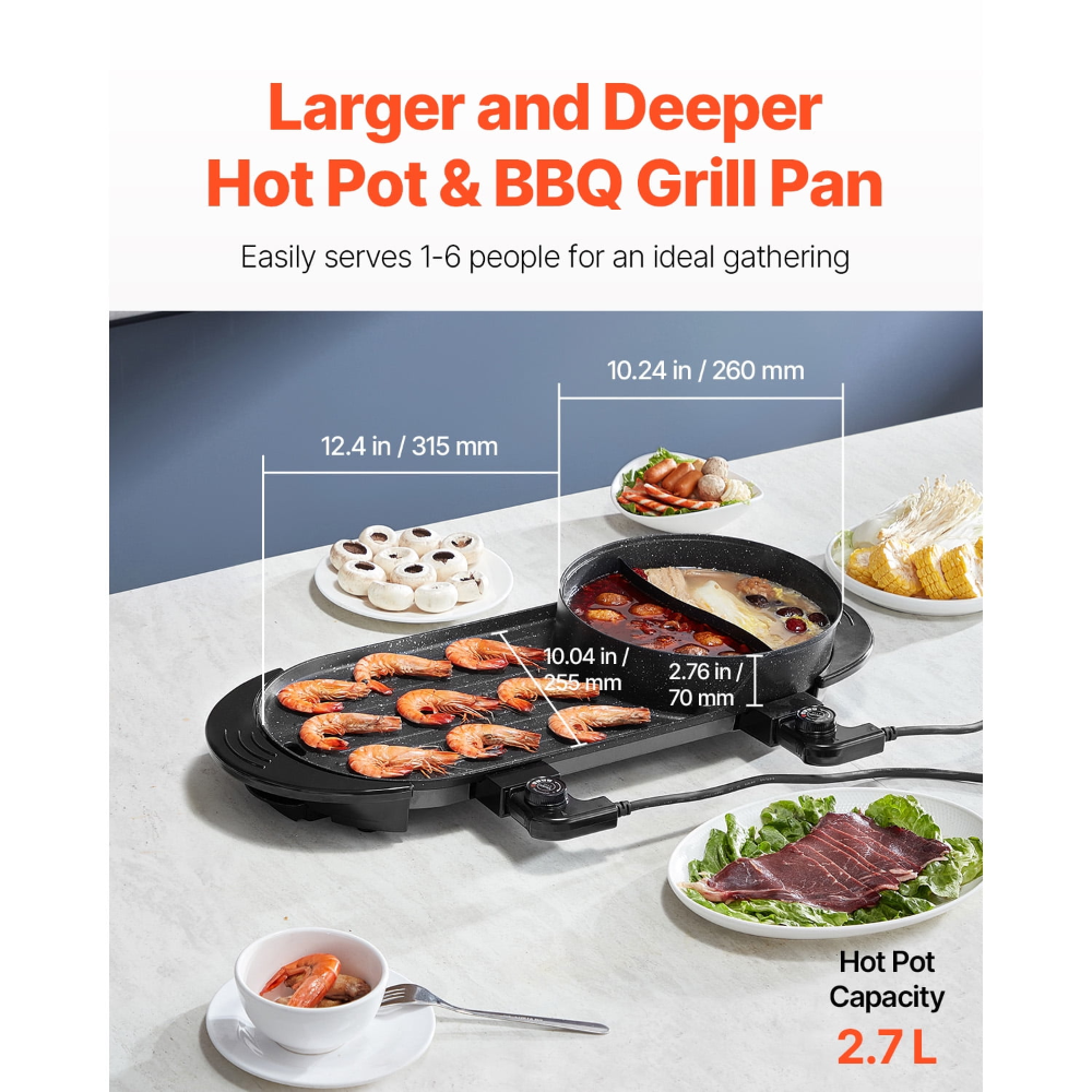 VEVOR 2 en 1 Parrilla para BBQ y Olla Caliente con Divisor, Olla Multifuncional para Parrilla de Teppanyaki, Olla Caliente para BBQ Eléctrica con Control de Temperatura Dual Separada - Imagen 5