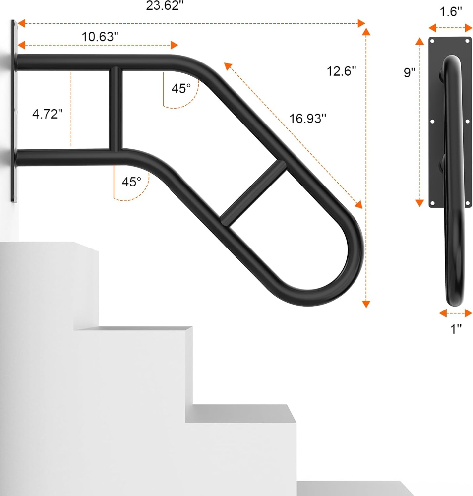 Pasamanos para escalones al aire libre, barandilla de 22.8 pulgadas para interiores, pasamanos de seguridad en forma de U para niños, ancianos, mujeres embarazadas, discapacitados - Imagen 5