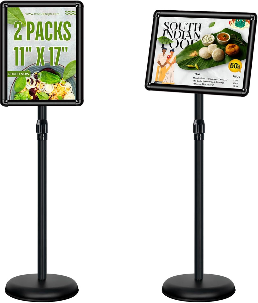 Soporte para póster con pedestal ajustable, soporte para letrero de pie vertical y horizontal, marco abierto de aluminio con esquina de seguridad (2P-negro-11 x 17)
