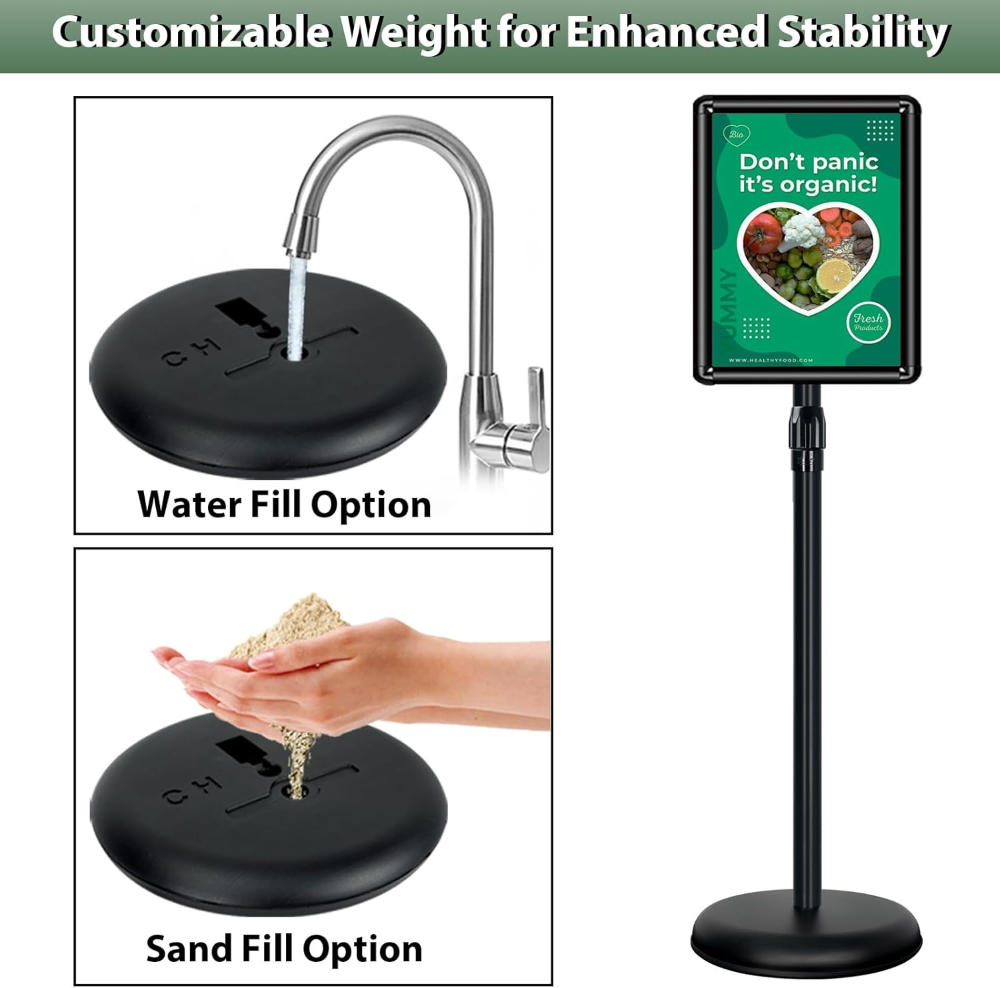 Soporte para póster con pedestal ajustable, soporte para letrero de pie vertical y horizontal, marco abierto de aluminio con esquina de seguridad (2P-negro-11 x 17) - Imagen 5
