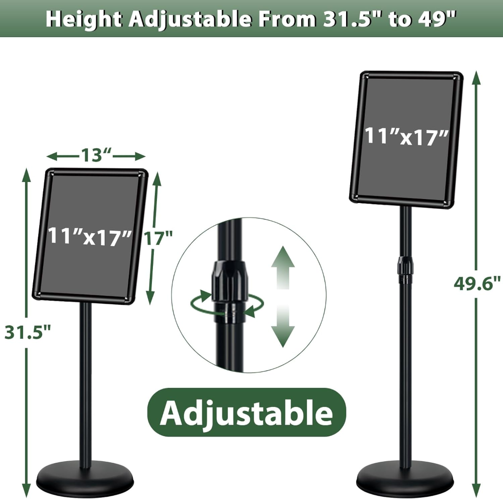 Soporte para póster con pedestal ajustable, soporte para letrero de pie vertical y horizontal, marco abierto de aluminio con esquina de seguridad (2P-negro-11 x 17) - Imagen 6