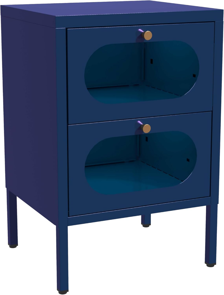 Mesa auxiliar azul con 2 cajones y puerta de vidrio templado, 35x40x60 cm. Práctica, elegante e ideal para sala de estar familiar.