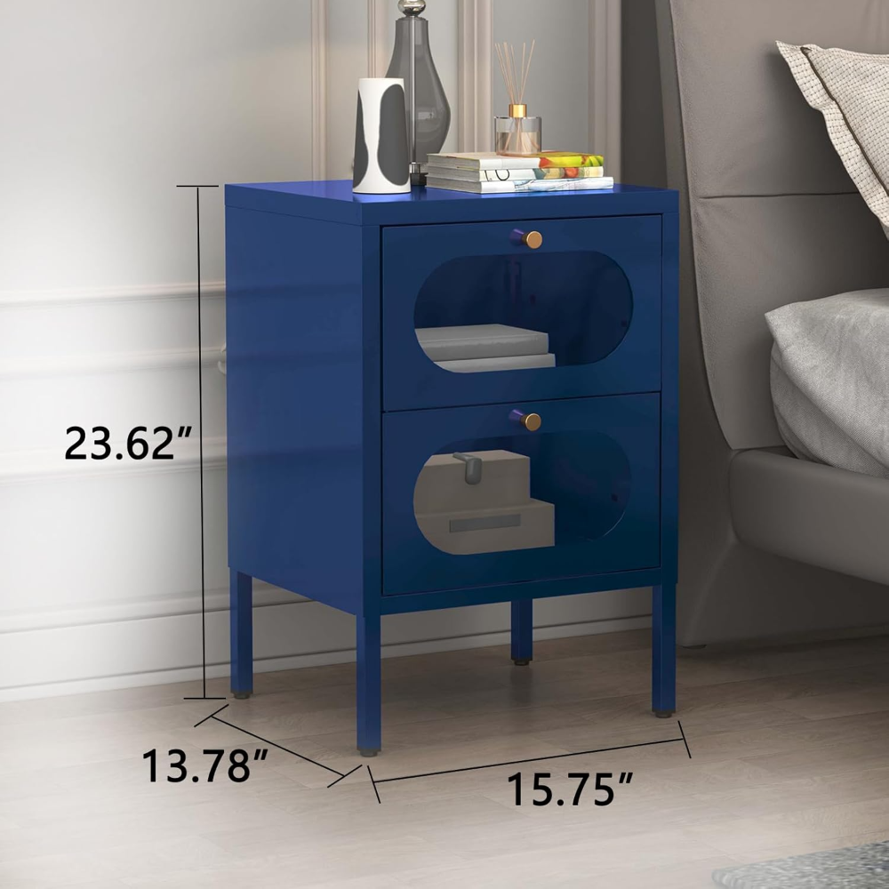 Mesa auxiliar azul con 2 cajones y puerta de vidrio templado, 35x40x60 cm. Práctica, elegante e ideal para sala de estar familiar. - Imagen 2