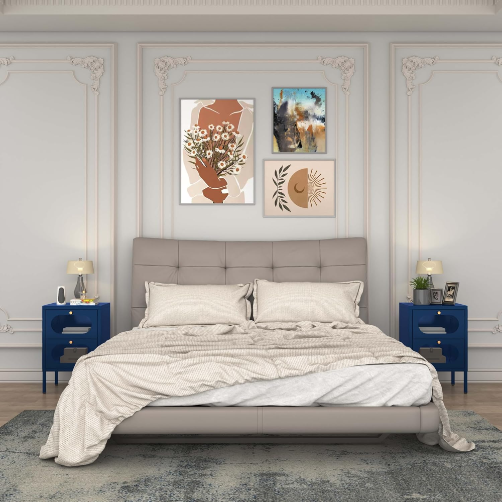 Mesa auxiliar azul con 2 cajones y puerta de vidrio templado, 35x40x60 cm. Práctica, elegante e ideal para sala de estar familiar. - Imagen 3
