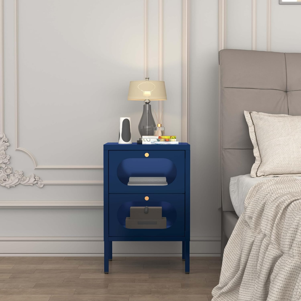Mesa auxiliar azul con 2 cajones y puerta de vidrio templado, 35x40x60 cm. Práctica, elegante e ideal para sala de estar familiar. - Imagen 4