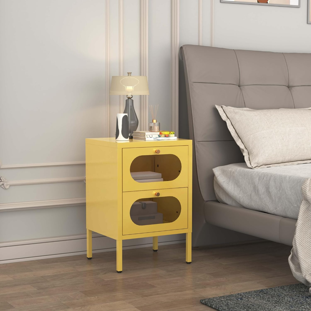 Mesa auxiliar amarilla con 2 cajones y puerta de vidrio templado, 35x40x60 cm. Práctica, elegante e ideal para sala de estar familiar. - Imagen 3