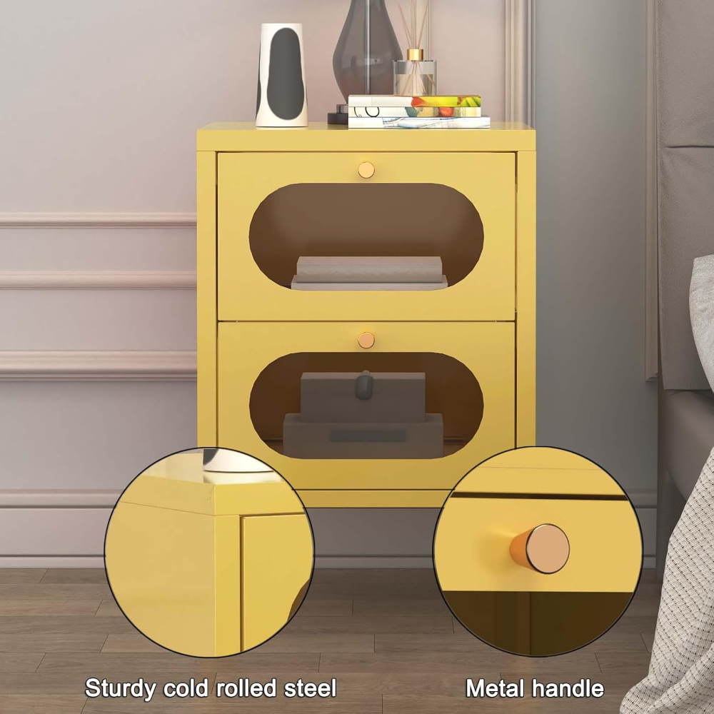 Mesa auxiliar amarilla con 2 cajones y puerta de vidrio templado, 35x40x60 cm. Práctica, elegante e ideal para sala de estar familiar. - Imagen 4