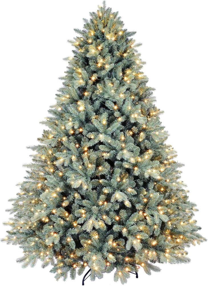Árbol de Navidad artificial abeto azul 1,8 m, con 500 luces LED cálidas, 1878 ramas PE/PVC, bisagras y base metálica plegable.