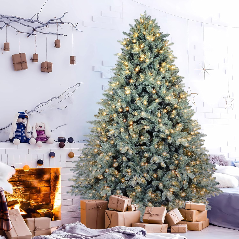 Árbol de Navidad artificial abeto azul 1,8 m, con 500 luces LED cálidas, 1878 ramas PE/PVC, bisagras y base metálica plegable. - Imagen 3