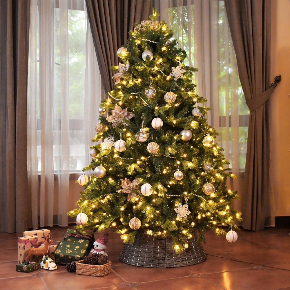 Árbol de Navidad artificial abeto azul 1,8 m, con 500 luces LED cálidas, 1878 ramas PE/PVC, bisagras y base metálica plegable. - Imagen 4