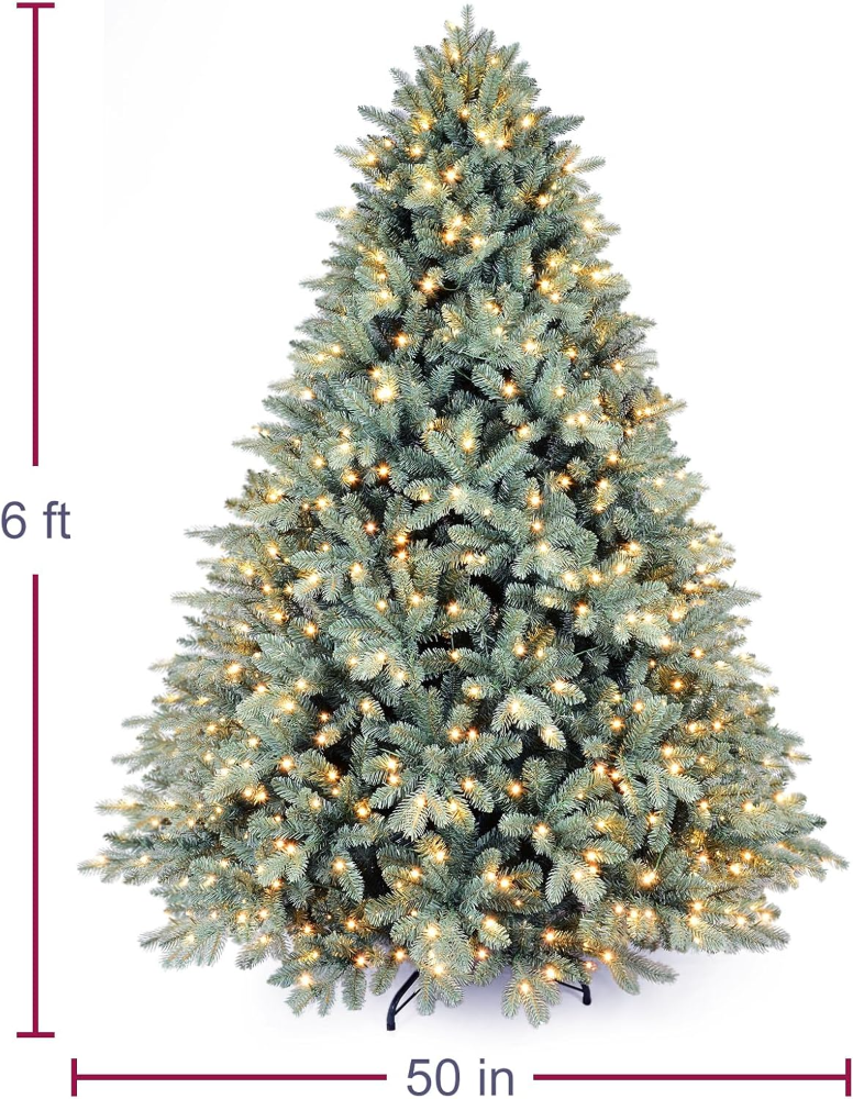 Árbol de Navidad artificial abeto azul 1,8 m, con 500 luces LED cálidas, 1878 ramas PE/PVC, bisagras y base metálica plegable. - Imagen 5