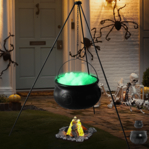 Decoraciones de Halloween al aire libre, decoraciones de fiesta para exteriores, caldero de brujas grandes de 13 pulgadas en trípode sin luces, cuenco de plástico negro *VALORADO*