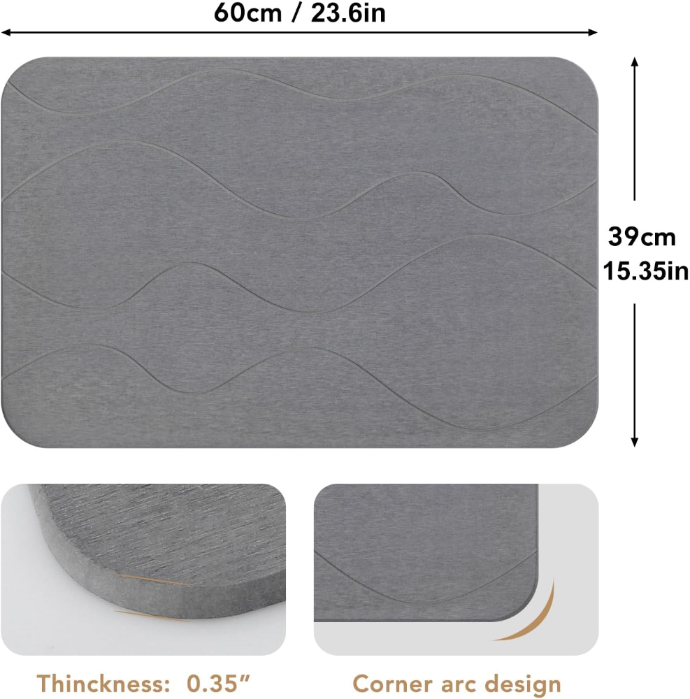 Alfombrilla de baño de piedra, tierra de diatomeas, antideslizante, superabsorbente, secado rápido, color gris, patrón 1. - Imagen 5