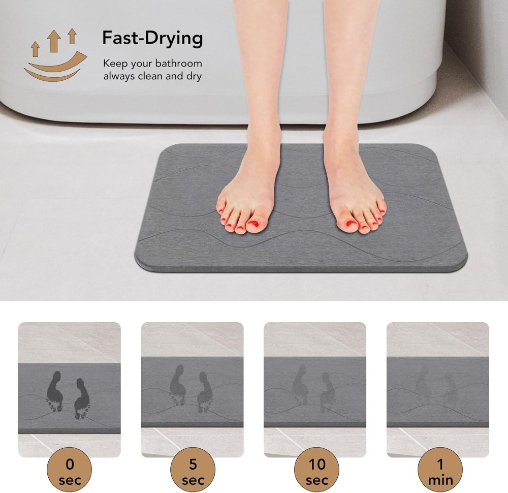 Alfombrilla de baño de piedra, tierra de diatomeas, antideslizante, superabsorbente, secado rápido, color gris, patrón 1. - Imagen 6