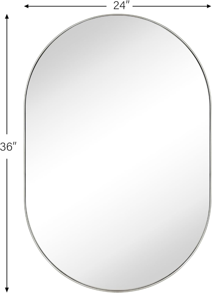 Espejo ovalado de 24 x 36 pulgadas, espejo ovalado con forma de cápsula de plata cepillada, espejo de tocador de baño de 36 x 24 pulgadas, espejo con marco de metal oblongo, - Imagen 2