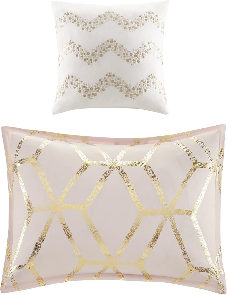 Matrimonial/Queen-Juego de edredón ultra suave y ligero para todas las estaciones, set 4 piezas, estampado metálico y geométrico, hipoalergénica, color rosado/dorado - Imagen 2