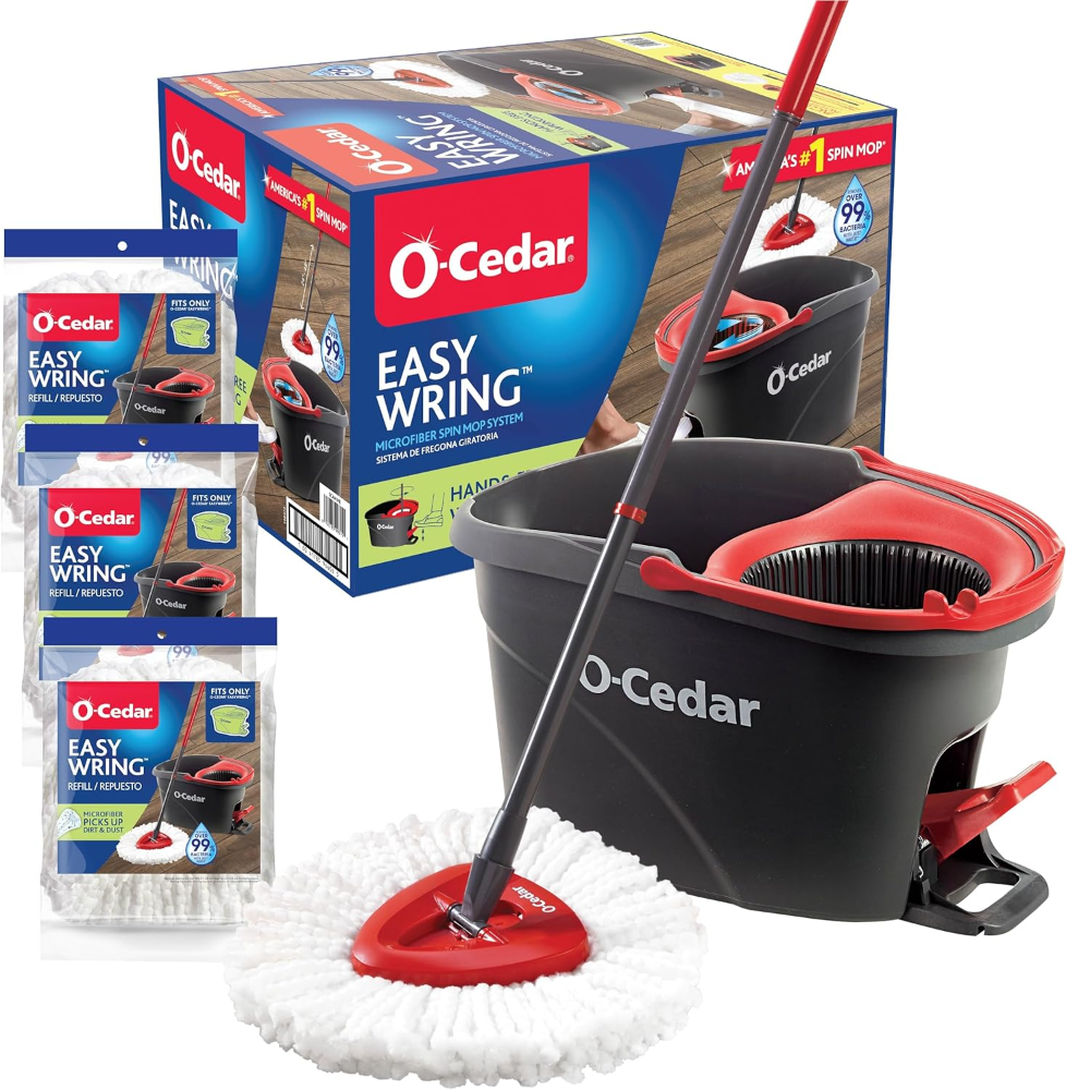 Sistema de limpieza O-Cedar EasyWring ? con cubeta y trapeador giratorio de microfibra. Incluye 3 repuestos adicionales.