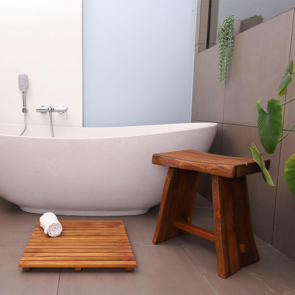 Nordic Taburete de ducha de teca natural de teca con asiento y estante curvos | Banco estilo spa para baño | ducha | spa | piscina | patio | grado seleccionado (Salem aceitado)