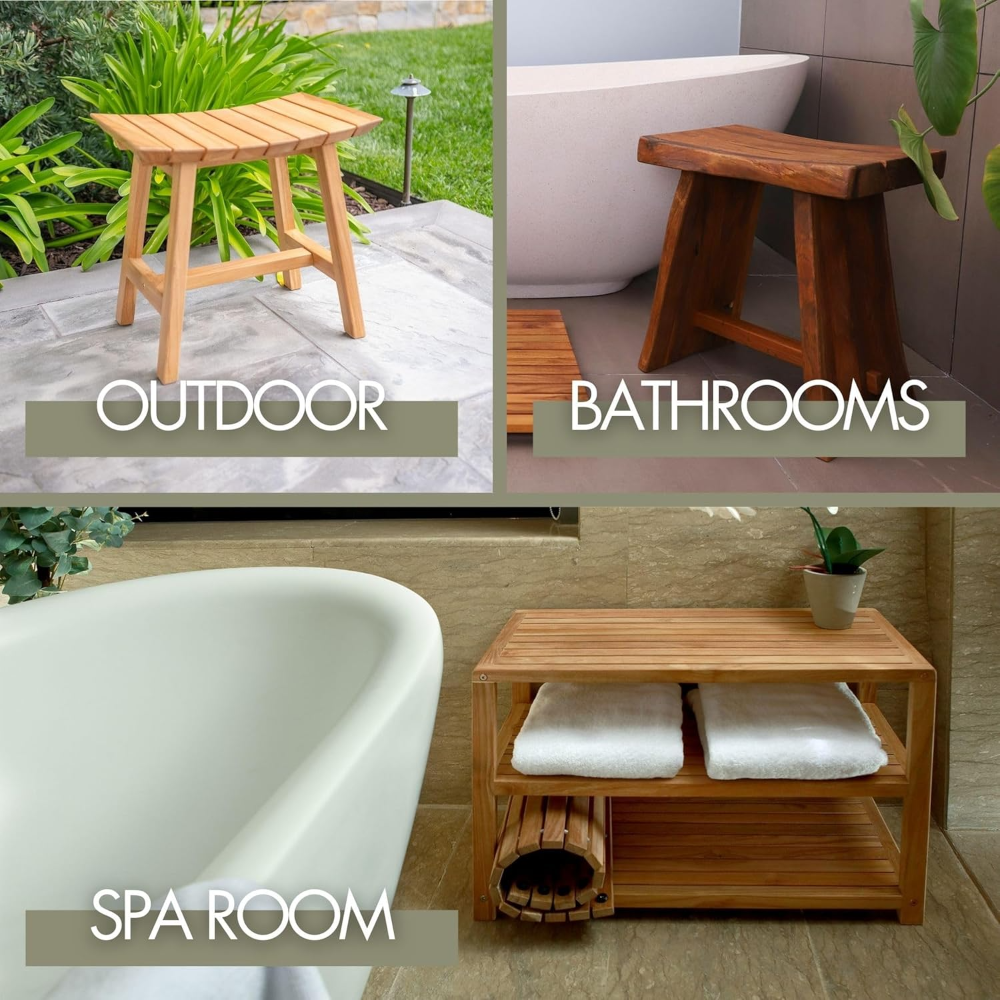 Nordic Taburete de ducha de teca natural de teca con asiento y estante curvos | Banco estilo spa para baño | ducha | spa | piscina | patio | grado seleccionado (Salem aceitado) - Imagen 2