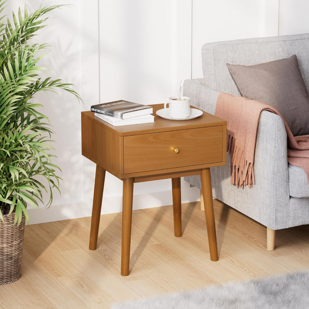 Mesita de noche pequeña de madera maciza con 1 cajones, mesita de noche moderna de mediados de siglo, mesa auxiliar con almacenamiento, color caramelo
