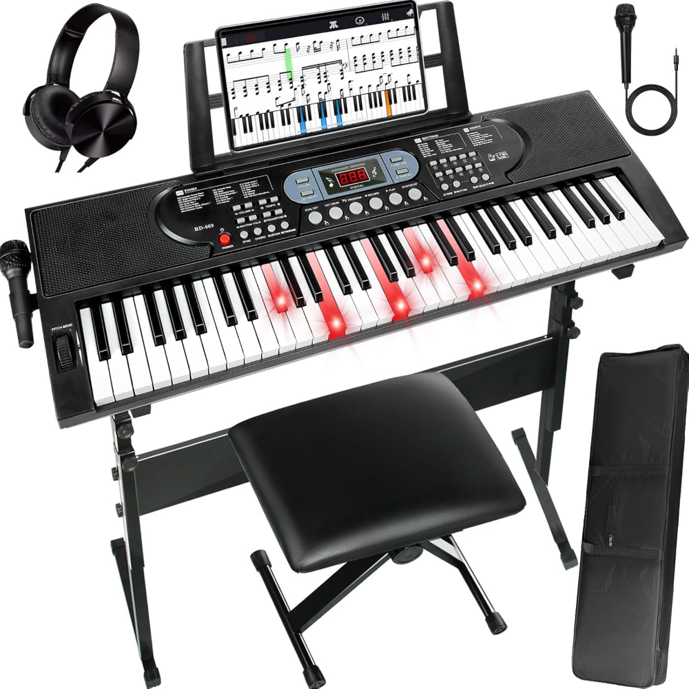 Teclado eléctrico AQNIEGEP ? de 61 teclas iluminadas con modos de enseñanza, 200 tonos y ritmos, incluye banco, soporte, micrófono y audífonos. Ideal para principiantes.