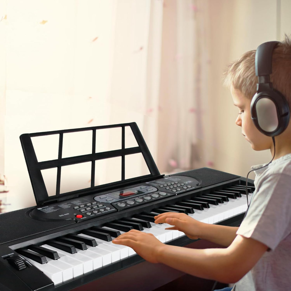 Teclado eléctrico AQNIEGEP ? de 61 teclas iluminadas con modos de enseñanza, 200 tonos y ritmos, incluye banco, soporte, micrófono y audífonos. Ideal para principiantes. - Imagen 2