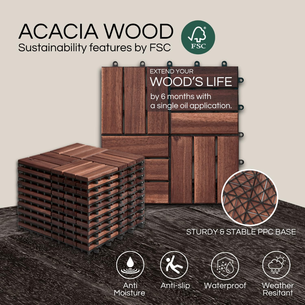 Juego de 10 baldosas de cubierta de alta calidad, azulejos entrelazados para terraza, suelos de madera para patio al aire libre, impermeable, cubierta de madera de acacia - Imagen 4