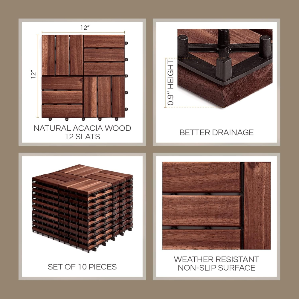 Juego de 10 baldosas de cubierta de alta calidad, azulejos entrelazados para terraza, suelos de madera para patio al aire libre, impermeable, cubierta de madera de acacia - Imagen 5
