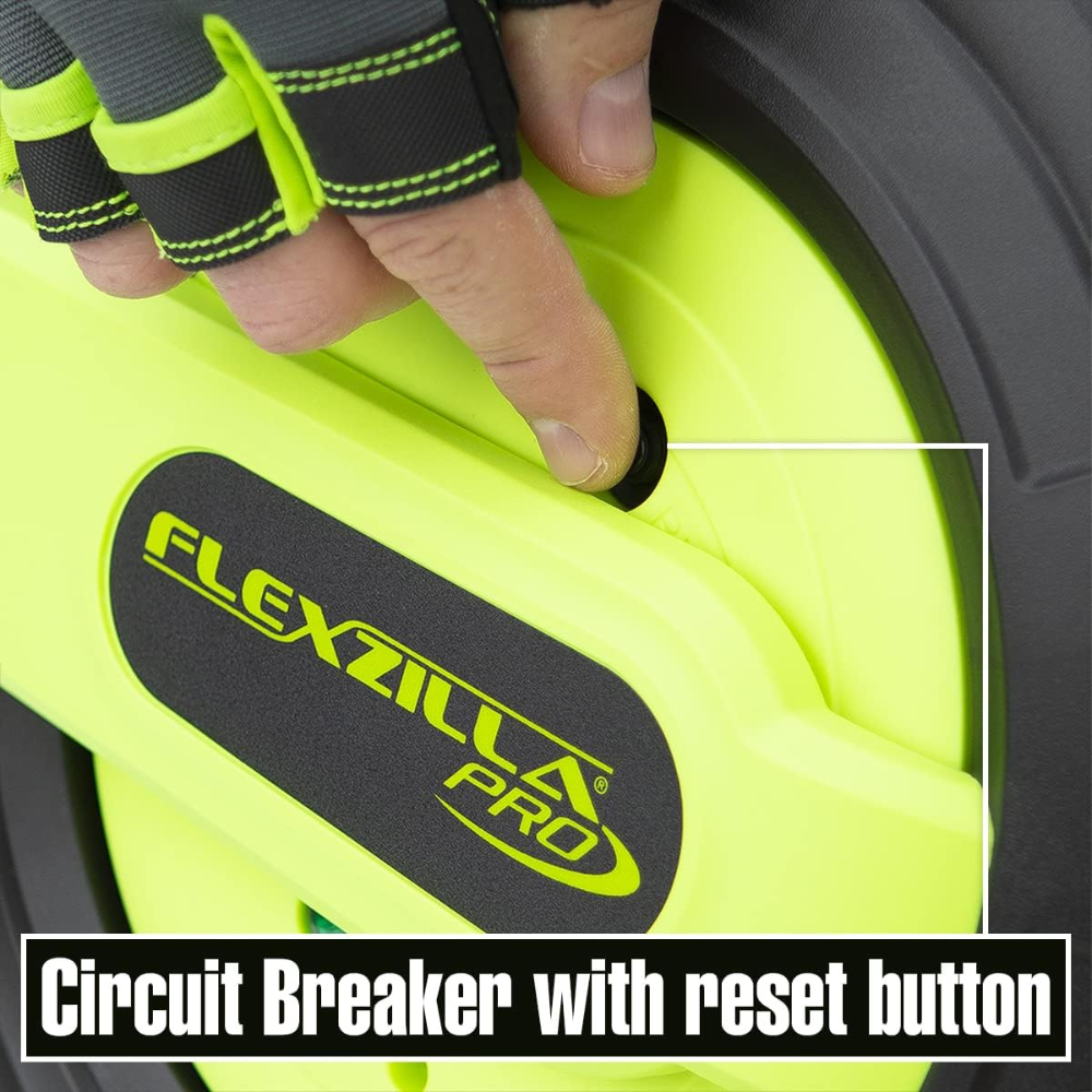 Carrete retráctil Flexzilla ?? con cable de extensión 12/3 AWG de 18 m, triple toma a tierra y diseño resistente ZillaGreen, ideal para talleres y garajes. - Imagen 3
