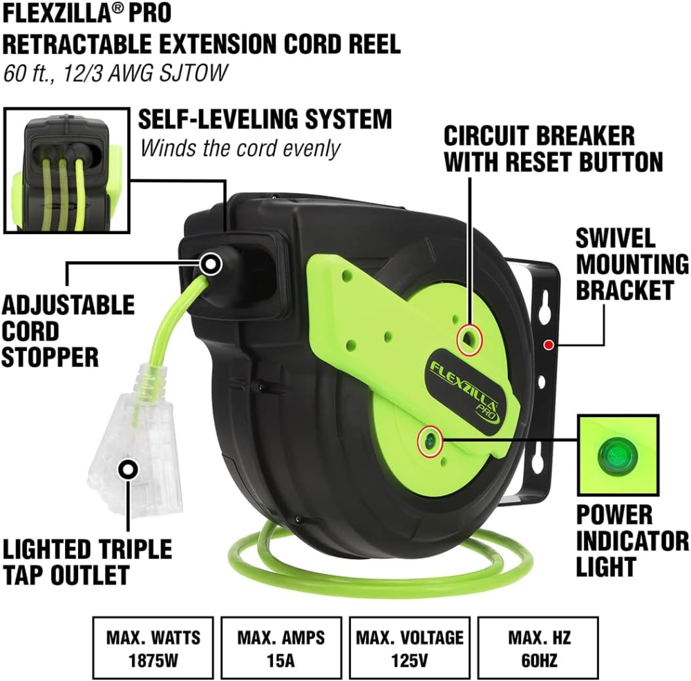 Carrete retráctil Flexzilla ?? con cable de extensión 12/3 AWG de 18 m, triple toma a tierra y diseño resistente ZillaGreen, ideal para talleres y garajes. - Imagen 5