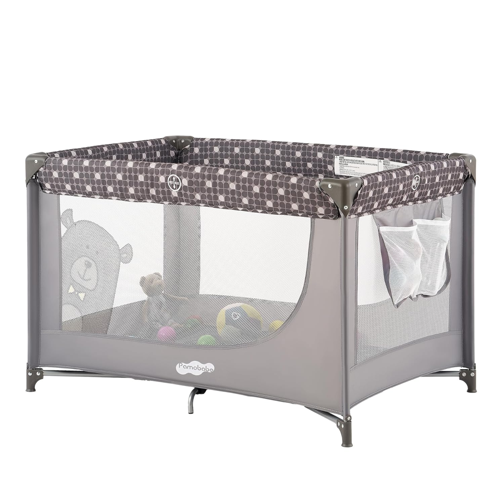 Cuna portátil Pamo Babe ? color gris, con colchón y bolso de transporte. Ligera, segura y práctica para casa o viajes.