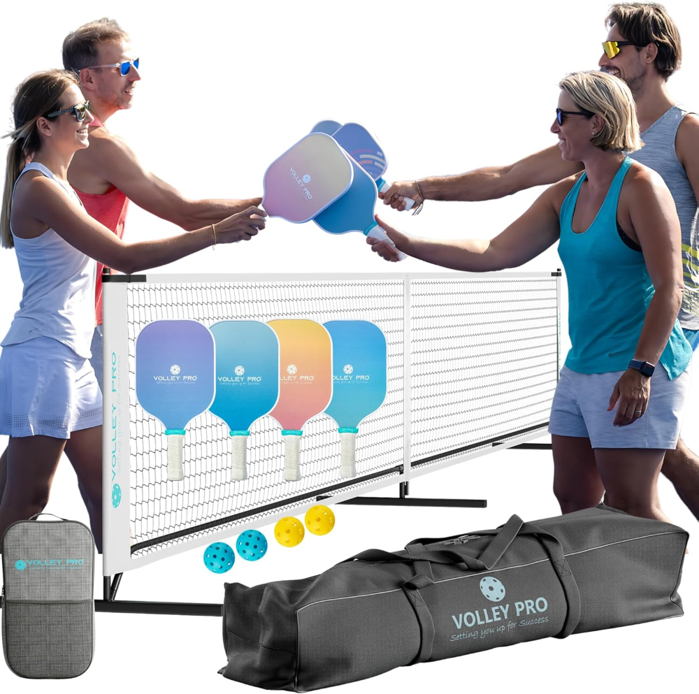 VolleyPro - Juego de pickleball portátil con red, 4 paletas de fibra de carbono, bolsa de lona