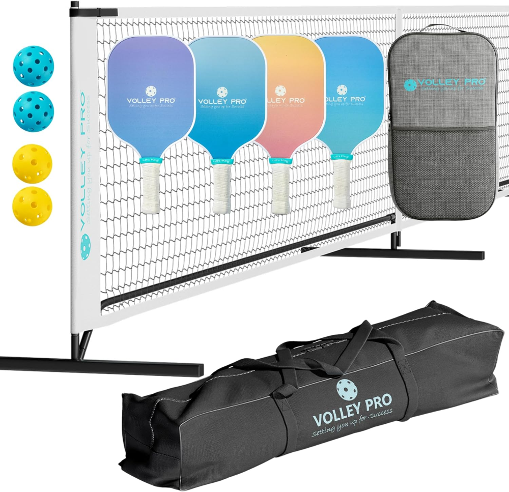 VolleyPro - Juego de pickleball portátil con red, 4 paletas de fibra de carbono, bolsa de lona - Imagen 2
