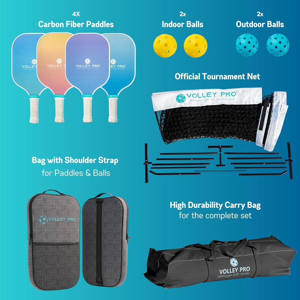 VolleyPro - Juego de pickleball portátil con red, 4 paletas de fibra de carbono, bolsa de lona - Imagen 4
