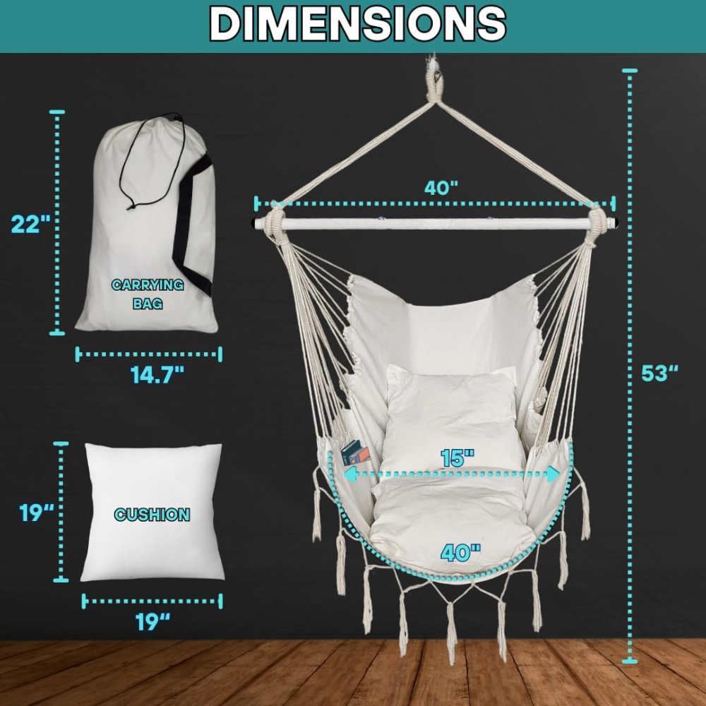 Silla colgante tipo hamaca ? con barra de acero antideslizante, bolsillos y 2 cojines. Soporta hasta 227 kg, ideal para interior o exterior. - Imagen 2
