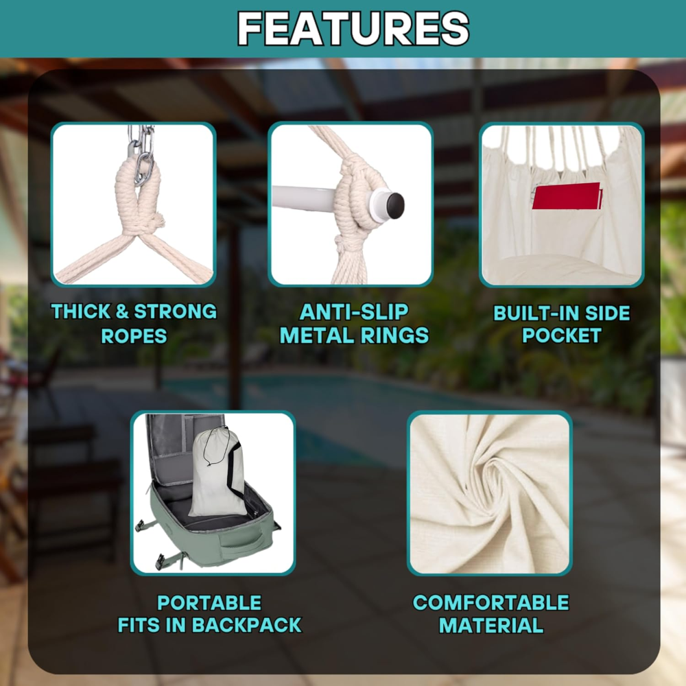 Silla colgante tipo hamaca ? con barra de acero antideslizante, bolsillos y 2 cojines. Soporta hasta 227 kg, ideal para interior o exterior. - Imagen 4