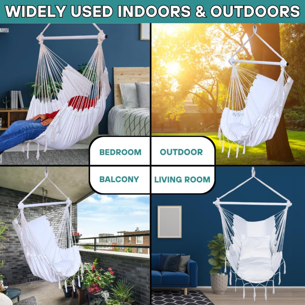 Silla colgante tipo hamaca ? con barra de acero antideslizante, bolsillos y 2 cojines. Soporta hasta 227 kg, ideal para interior o exterior. - Imagen 5