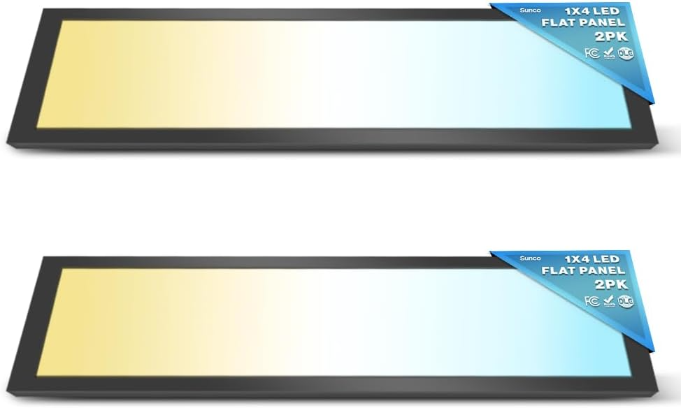 Sunco - Paquete de 2 luces LED de panel plano de 1x4, CCT doble seleccionable 3500K/4000K/5000K y potencia seleccionable 30W/40W/46W, 5700LM, regulable 0-10V, accesorio de techo negro mat