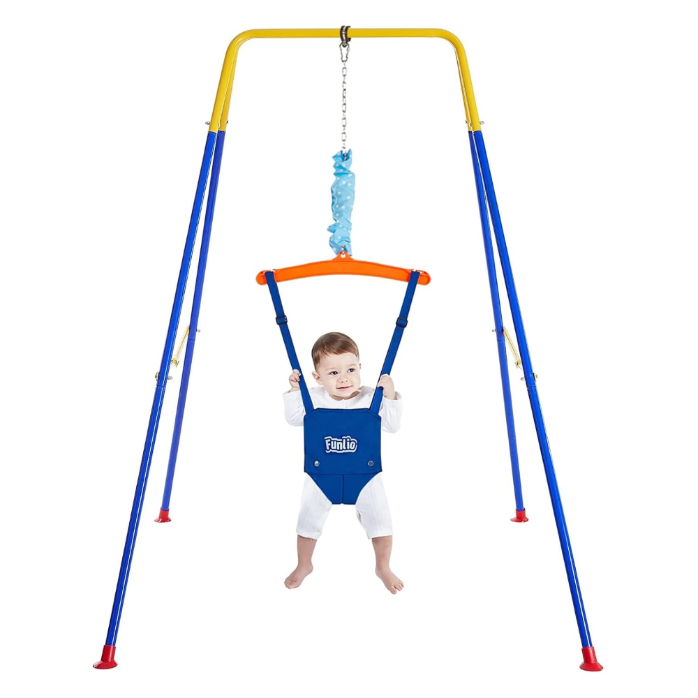 Columpio brinca brinca para bebé de 6-24 meses con soporte, para jugar en interiores y exteriores, con cadena ajustable, fácil de montar y almacenar (con soporte), color azul