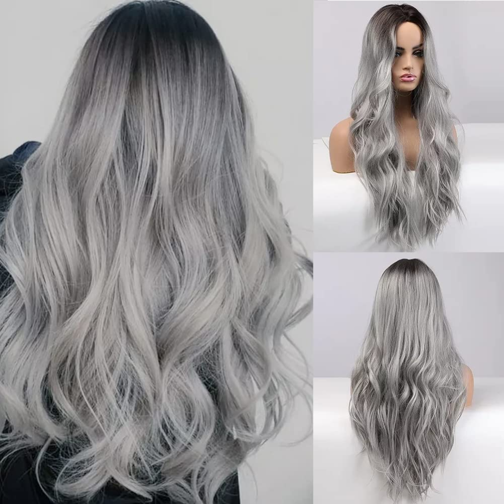 Peluca sintética larga ondulada de 26 pulgadas, color gris plateado degradado para mujer, peluca de parte media con raíces marrón oscuro, cabello resistente al calor, para fiestas de uso diario - Imagen 5