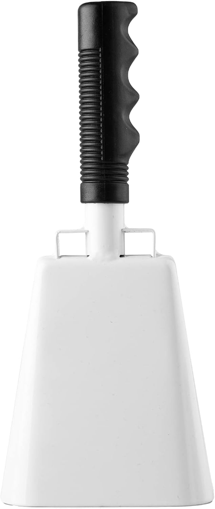 Campana de vaca de acero con asa, campana de animación y ruidos fuertes para eventos deportivos, juegos de fútbol, escuela, granja, color blanco (10 pulgadas)