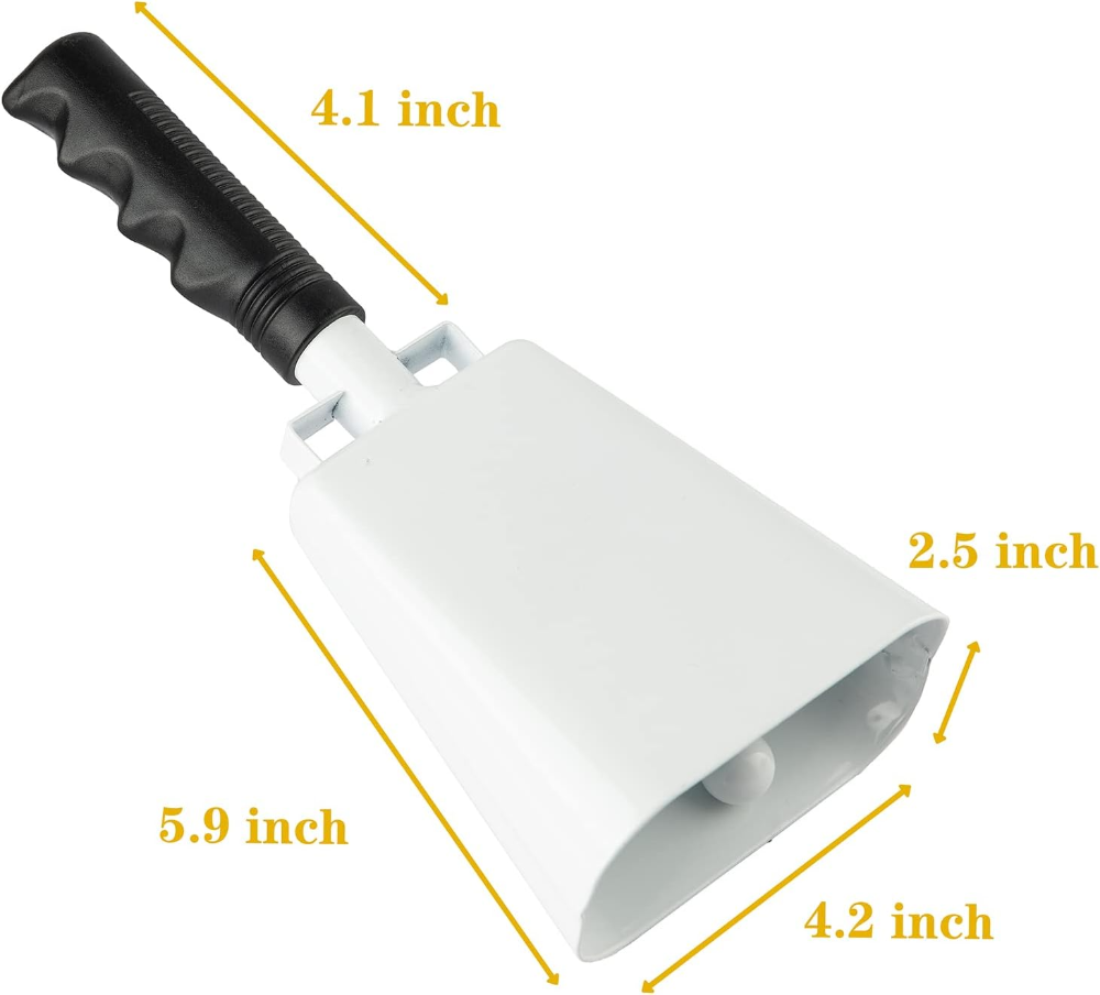 Campana de vaca de acero con asa, campana de animación y ruidos fuertes para eventos deportivos, juegos de fútbol, escuela, granja, color blanco (10 pulgadas) - Imagen 3