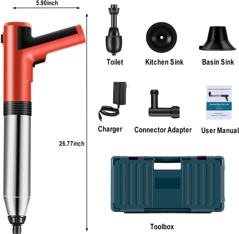Émbolo eléctrico para inodoro, removedor de obstrucciones de drenaje de pelo, émbolo de aire de alta presión, émbolo resistente para inodoro, drenaje, baño, drenaje de piso, alcantarillado, tubería, - Imagen 2