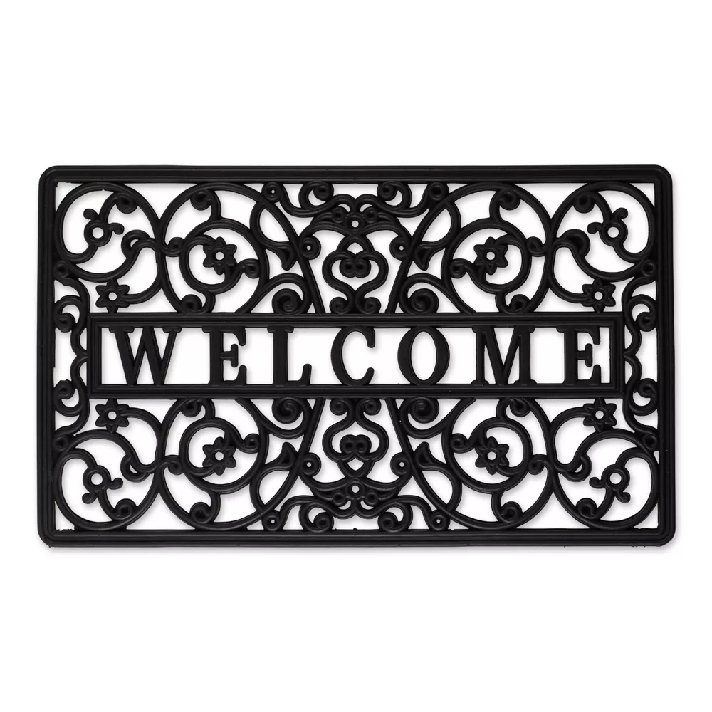 Felpudo de goma resistente con diseño pergamino y mensaje WELCOME, ideal para entradas; antideslizante, duradero y fácil de limpiar.
